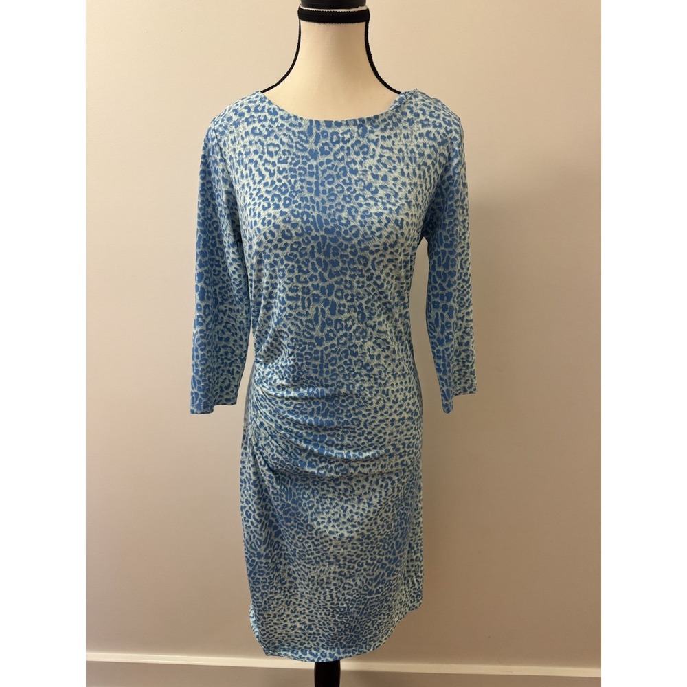 J McLaughlin Blue Leopard Print Ruched Sheath Dress Women's Medium